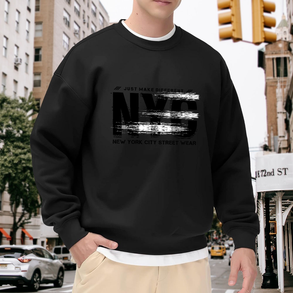 Street Fashion Nyc - Men's Black Crew Neck Sweatshirt, Loose