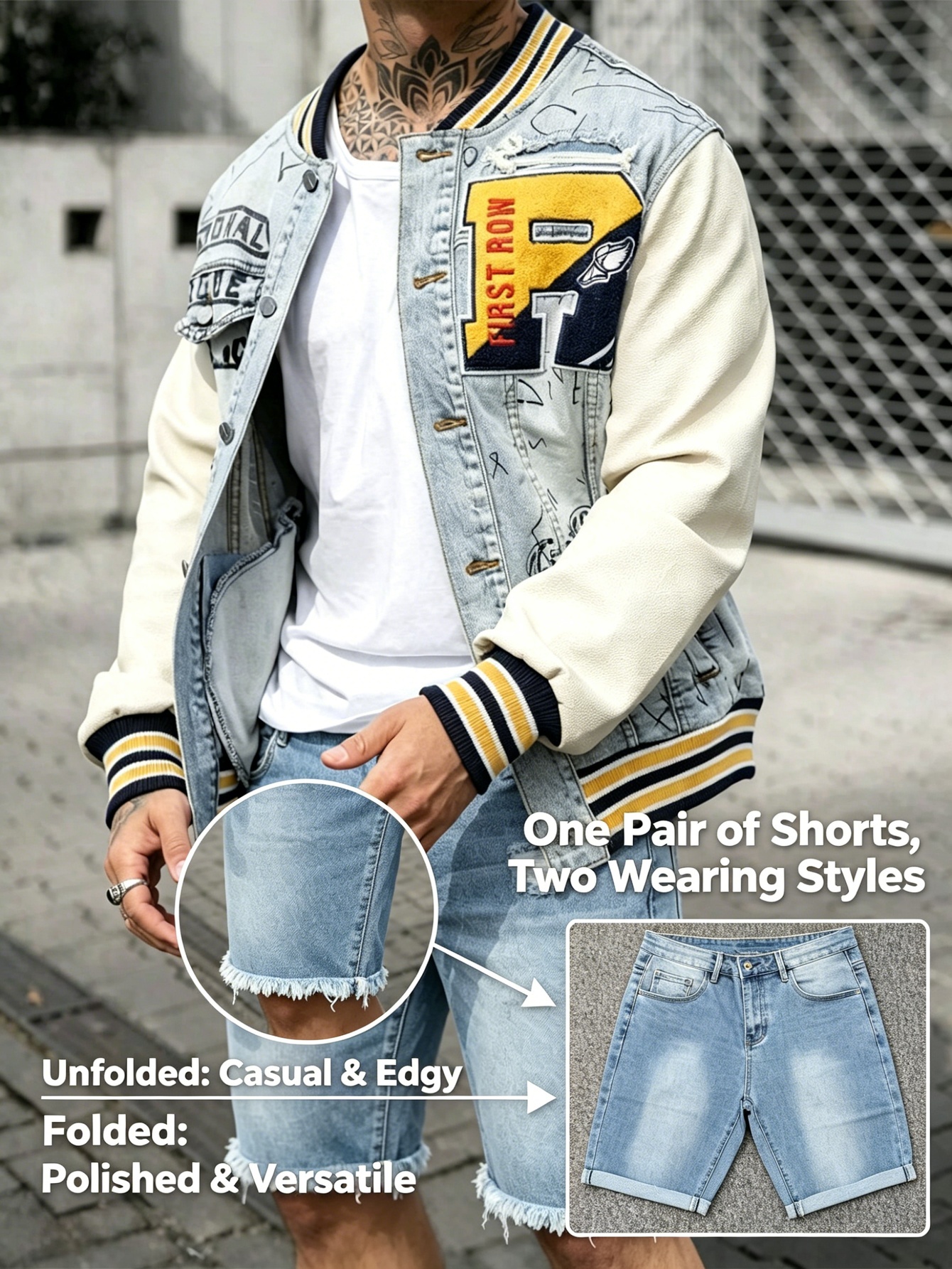 Street Fashion Look - Original slim blue denim jorts skinny