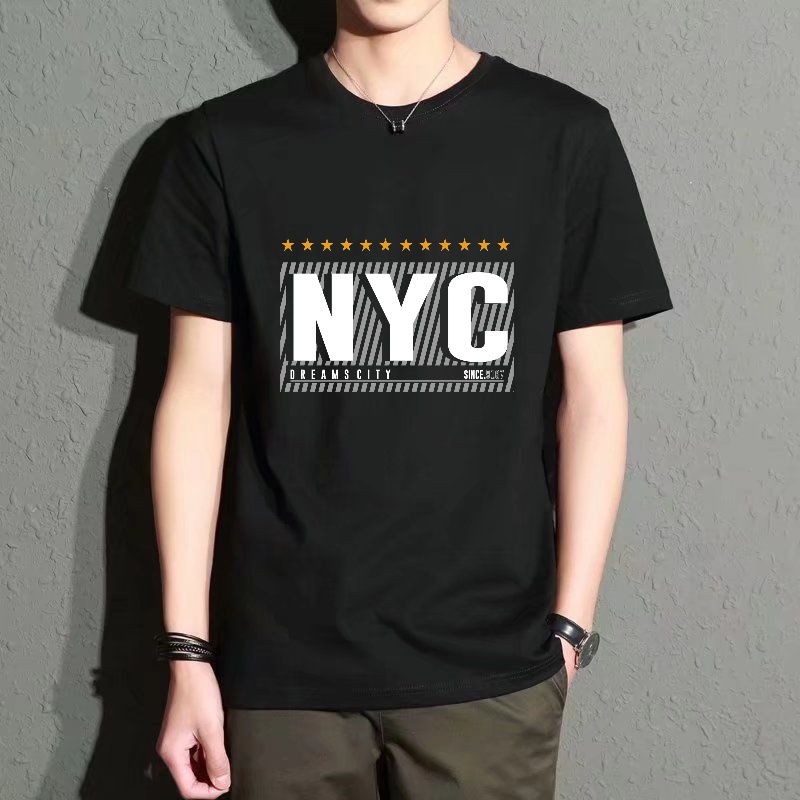 Street Fashion Nyc - Men's Black Round-Neck Short-Sleeved T-Shirt, Trendy
