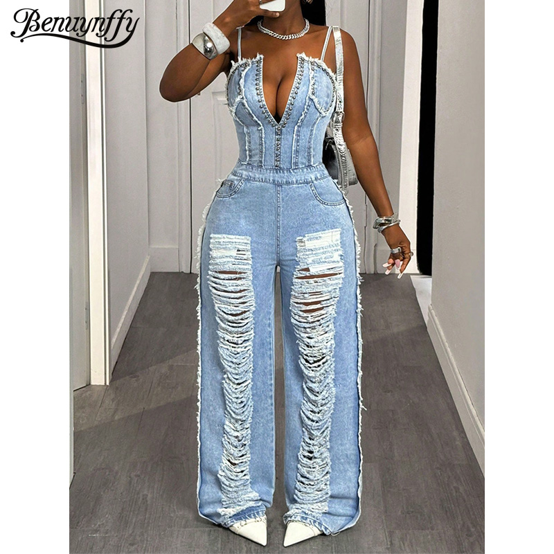 Street Fashion Jeans Women - Benuynffy Sexy Spaghetti Strap Denim Jumpsuit