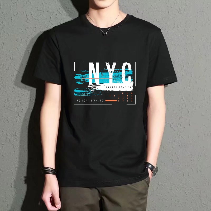 Street Fashion Nyc - Men's Black Round-Neck Short-Sleeved T-Shirt with