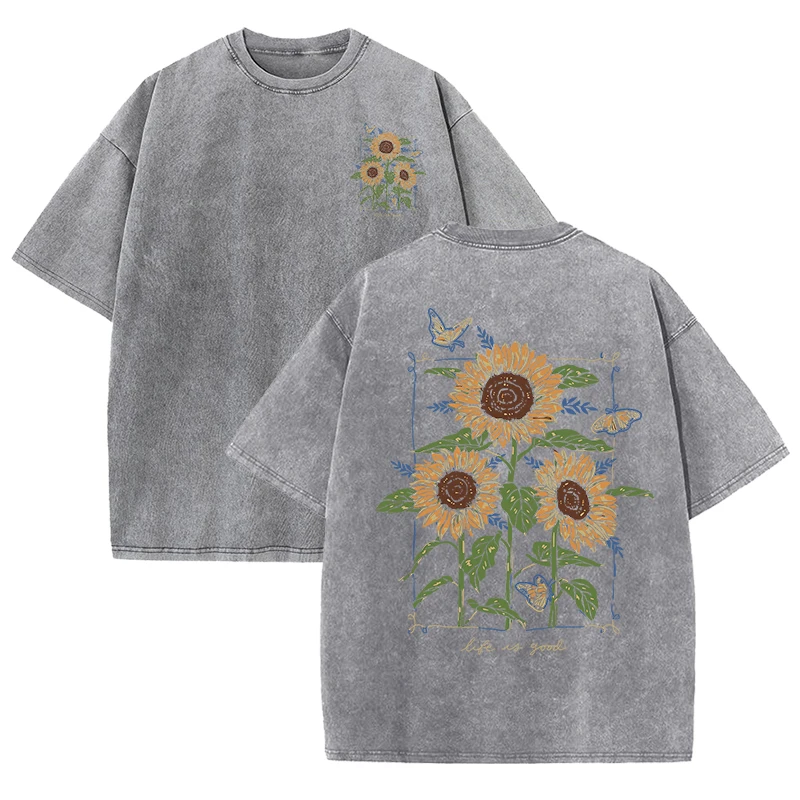 sunflower print washed T-shirt - Street Fashion Shanghai ulasan dan harga