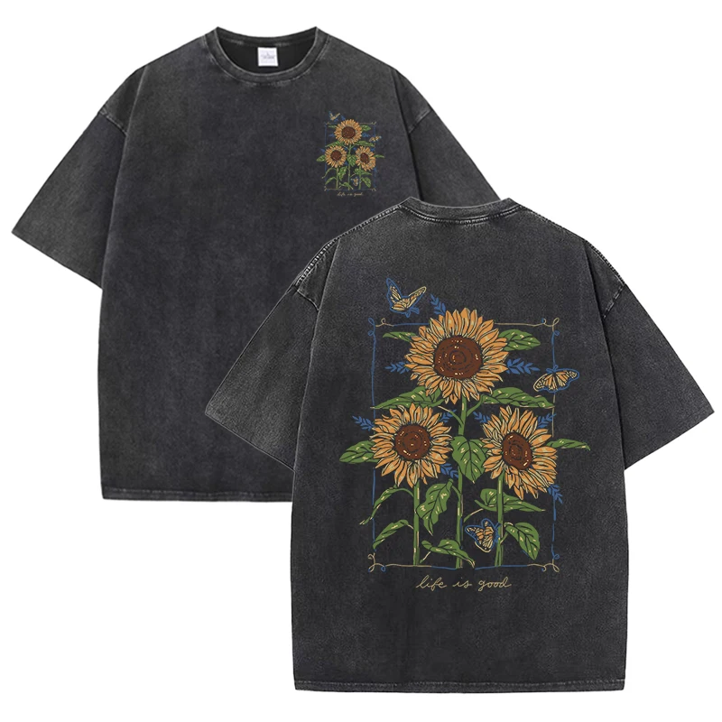 sunflower print washed T-shirt - Street Fashion Shanghai ulasan dan harga