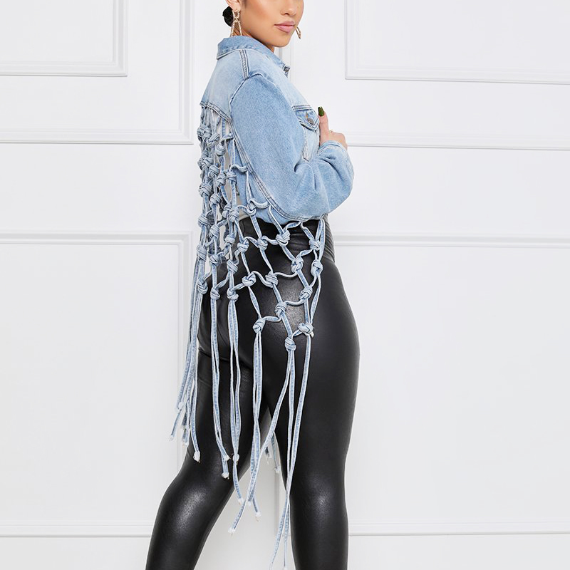 Fit Crop Tops Back Grid Tassel - Street Fashion Jeans Women ulasan dan harga