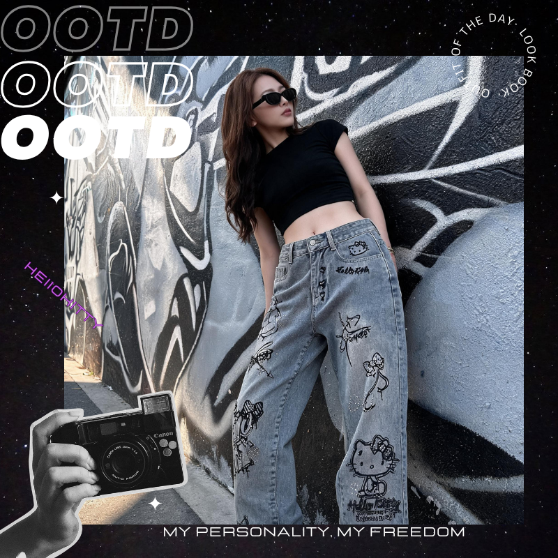 Cute Keiokitty Rhinestone Graf - Street Fashion Jeans Women ulasan dan harga