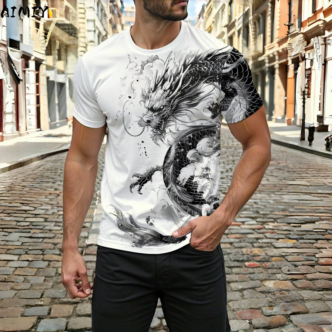 3D Dragon Print Men's T-shirt  - Street Fashion Urban ulasan dan harga