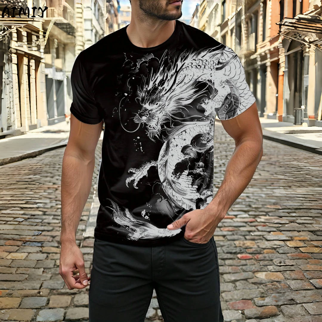 3D Dragon Print Men's T-shirt  - Street Fashion Urban ulasan dan harga
